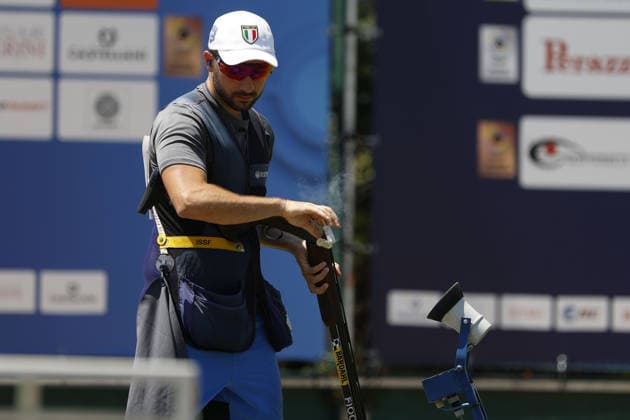 IPA86441129 - Gabriele Rossetti of Italy fires shots from a shotgun during the second day of the ISSF World Cup Shotgun competition at the Concaverde Shooting Range on July 6, 2026, in Lonato del Garda, Italy.  Copyright: xRichardxMorgano IPAxSportx xx 86441129