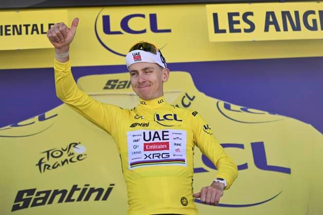 Tour de France 2026 Stage 3 LES ANGLES, FRANCE - JULY 06 : Pogacar Tadej (SLO) of UAE Team Emirates - XRG pictured with the yellow jersey during the podium ceremony of stage 3 of the 113rd edition of Tour de France an UCI World Tour 2.UWT cycling road race stage for Men Elite of 196 km with start in Granollers and finish in Les Angles on July 6, 2026 in Les Angles, France, 06 07 2026 Les Angles France  Copyright: xPeterxDexVoechtx