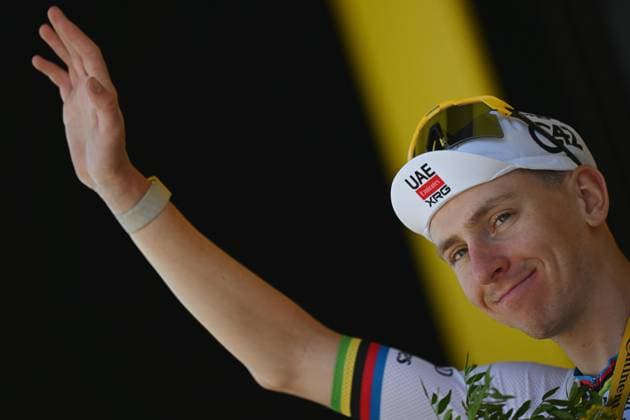 Slovenian Tadej Pogacar of UAE Team Emirates XRG celebrates on the podium after winning stage 3 of the 2026 Tour de France cycling race, a stage of 195,9km from Granollers, Spain, to Les Angles, France, Monday 06 July 2026. The 113th edition of the Tour de France starts on Saturday 4 July in Barcelona, Spain, and will finish in Paris, France on the 26th of July. JASPERxJACOBS  x180517430x