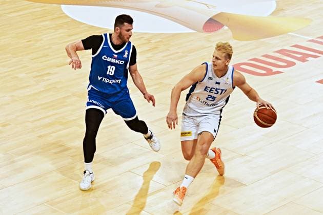L-R Ondrej Sehnal (Czechia) and Joonas Riismaa (Estonia) in action during men s Basketball World Cup 2027 group H qualifier: Czechia vs Estonia, in Brno, Czech Republic, on July 6, 2026. (CTKxPhoto PatrikxUhlir) CTKPhotoP2026070606293  CTKPhotoP2026070606293