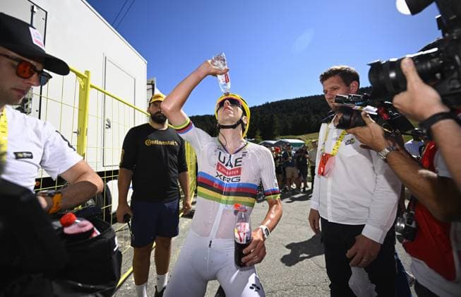 Slovenian Tadej Pogacar of UAE Team Emirates XRG celebrates after winning stage 3 of the 2026 Tour de France cycling race, a stage of 195,9km from Granollers, Spain, to Les Angles, France, Monday 06 July 2026. The 113th edition of the Tour de France starts on Saturday 4 July in Barcelona, Spain, and will finish in Paris, France on the 26th of July. POOLxTOMASxSISK  x180517693x