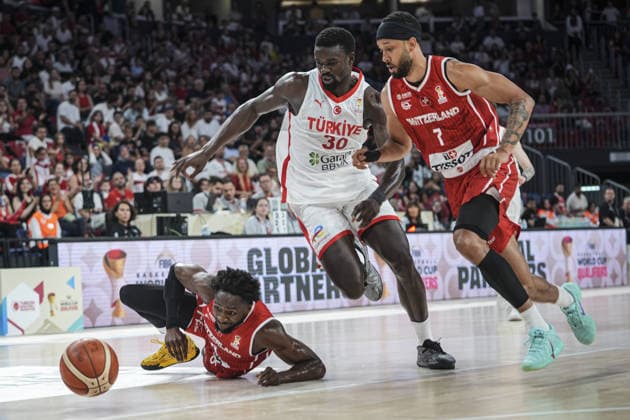 Turkiye v Switzerland - FIBA Basketball World Cup 2027 European Qualifiers ISTANBUL, TURKIYE - JULY 6: Adem Bona (30) of Turkiye in action against Boris Mbala of Switzerland during the first round of the 2027 World Cup European Qualifiers Group C basketball match between Turkiye and Switzerland at Sinan Erdem Sports Hall in Istanbul, Turkiye, on July 6, 2026. Beyza Comert Anadolu Istanbul Turkey. Editorial use only. Please get in touch for any other usage.  Copyright: x2026xAnadoluxBeyzaxComertx