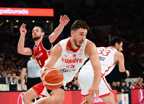 Turkiye v Switzerland - 2027 World Cup European Qualifiers ISTANBUL, TURKIYE - JULY 6: Alperen Sengun (23) of Turkiye in action against Toni Rocak (8) of Switzerland during the first round of the 2027 World Cup European Qualifiers Group C basketball match between Turkiye and Switzerland at Sinan Erdem Dome in Istanbul, Turkiye, on July 6, 2026. Elif Ozturk Anadolu Istanbul Turkey. Editorial use only. Please get in touch for any other usage.  Copyright: x2026xAnadoluxElifxOzturkx