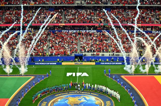 FIFA World Cup, WM, Weltmeisterschaft, Fussball 2026 - Round of 16 - Portugal vs Spain The teams stand during the national anthems ahead of the FIFA World Cup 2026 Round of 16 match Portugal against Spain, in Dallas, USA, 06 July 2026. DALLAS United States  Copyright: xSAMxWASSONx