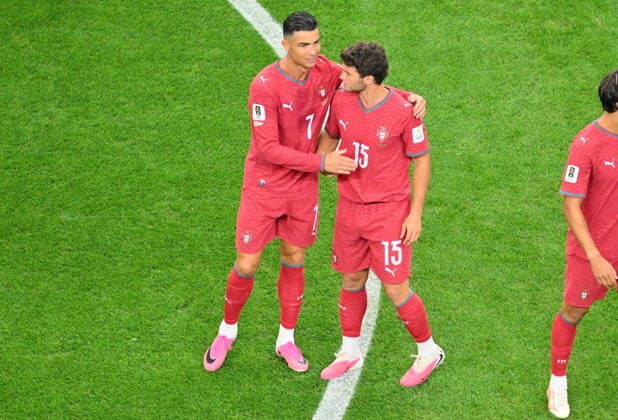 FIFA World Cup, WM, Weltmeisterschaft, Fussball 2026 - Round of 16 - Portugal vs Spain Cristiano Ronaldo of Portugal (L) and Joao Neves of Portugal react during the FIFA World Cup 2026 Round of 16 match Portugal against Spain, in Dallas, USA, 06 July 2026. DALLAS United States  Copyright: xSAMxWASSONx