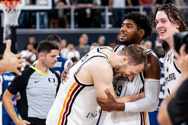 BAMBERG, GERMANY - JULY 06: Christian Sengfelder (Germany, 43) and Kostja Mushidi (Germany, 29) hug after winning the FIBA Basketball World Cup European Qualifiers match between Germany vs. Cyprus at Brose Arena on July 06, 2026 in Bamberg, Germany. Bavaria Germany Copyright: xSteffiexWunderlx