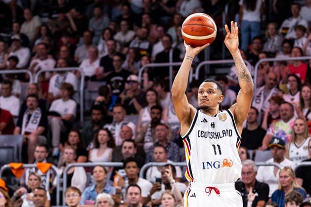 BAMBERG, GERMANY - JULY 06: Nelson Weidemann (Germany, 11) shooting the ball during the FIBA Basketball World Cup European Qualifiers match between Germany vs. Cyprus at Brose Arena on July 06, 2026 in Bamberg, Germany. Bavaria Germany Copyright: xSteffiexWunderlx