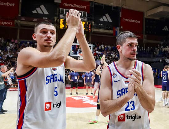 Serbia v Bosnia - FIBA World Cup 2027 Qualifiers Nikola Jovic (L) and Nikola Djurisic of Serbia celebrates after winning the FIBA World Cup 2027 Qualifiers match between Serbia and Bosnia and Herzegovina at Aleksandar Nikolic Hall on July 06, 2026 in Belgrade, Serbia. Belgrade Serbia Copyright: xSrdjanxStevanovicx x