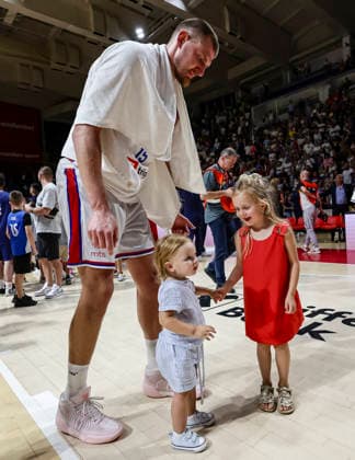 Serbia v Bosnia - FIBA World Cup 2027 Qualifiers Nikola Jokic (L) of Serbia celebrates with his daughters after winning the FIBA World Cup 2027 Qualifiers match between Serbia and Bosnia and Herzegovina at Aleksandar Nikolic Hall on July 06, 2026 in Belgrade, Serbia. Belgrade Serbia Copyright: xSrdjanxStevanovicx x