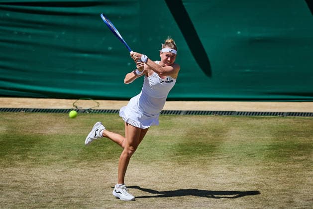 July 6, 2026, London, London, Great Britain: Marie Bouzkova of Czech Republic returns with backhand during The Championships Wimbledon , 6.7.2026 in London (All England Lawn Tennis and Croquet Club), Great Britain Tennis 2026: Grand Slam: The Championships Wimbledon: 8th Day:4th Round: MERTENS 6:4 6:4 BOUZKOVA  - ZUMAs343 20260706_zsp_s343_103 Copyright: xMathiasxSchulzx