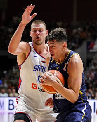 Serbia v Bosnia - FIBA World Cup 2027 Qualifiers Luka Garza (R) of Bosnia and Herzegovina in action against Nikola Jokic of Serbia during the FIBA World Cup 2027 Qualifiers match between Serbia and Bosnia and Herzegovina at Aleksandar Nikolic Hall on July 06, 2026 in Belgrade, Serbia. Belgrade Serbia Copyright: xSrdjanxStevanovicx x