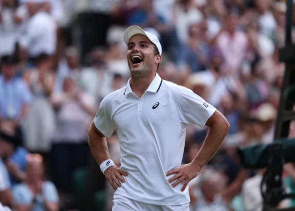 6th July 2026; All England Lawn Tennis and Croquet Club, London, England; Wimbledon Tennis Tournament, Day Eight; Arthur Fery (GBR) celebrates following victory over Grigor Dimitrov (BUL) to reach the Quarter finals JohnxPatrickxFletcher
