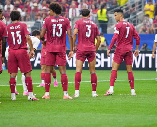 (260707) -- DALLAS, July 7, 2026 -- Cristiano Ronaldo (1st R) of Portugal and teammates form a wall during the round of 16 match between Spain and Portugal at the 2026 FIFA World Cup, WM, Weltmeisterschaft, Fussball at Dallas Stadium in Dallas, the United States, July 6, 2026. ) (SP)U.S.-DALLAS-FOOTBALL-FIFA WORLD CUP-ROUND OF 16-ESP VS POR JiaxHaocheng 