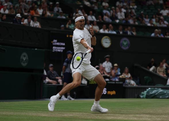 6th July 2026; All England Lawn Tennis and Croquet Club, London, England; Wimbledon Tennis Tournament, Day Eight; Alexander Zverev (GER) with a forehand shot to Jiri Lehecka (CZE) JohnxPatrickxFletcher