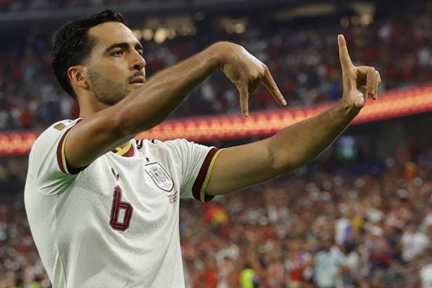 FIFA World Cup, WM, Weltmeisterschaft, Fussball 2026 - Round of 16 - Portugal vs Spain Mikel Merino of Spain celebrates after scoring the 1-0 lead during the FIFA World Cup 2026 Round of 16 match Portugal against Spain, in Dallas, USA, 06 July 2026. DALLAS United States  Copyright: xCHRISTOPHERxNEUNDORFx