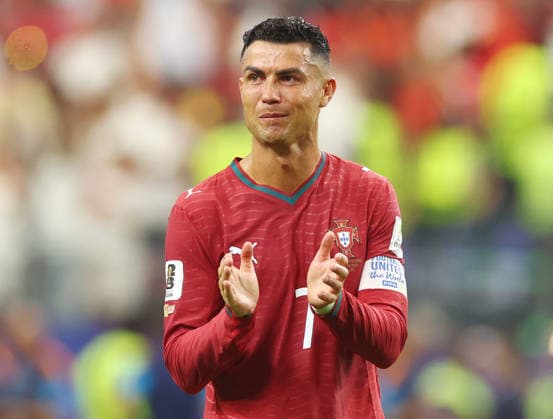Portugal s Cristiano Ronaldo reacts after the final whistle as Portugal is defeated by Spain 1-0 in a Round of 16 FIFA World Cup, WM, Weltmeisterschaft, Fussball match at Dallas Stadium in Dallas, Texas, on Monday, July 6, 2026. Portugal goes home and Spain advances to the quarterfinals.  DAL20260706929 CHRISTIANxBRUNSKILL