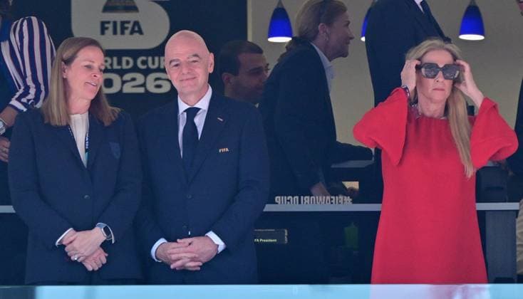 US Soccer federation president Cindy Parlow Cone, FIFA President Gianni Infantino and RBFA chairwoman Pascale Van Damme pictured during a soccer game between the USA and Belgian national team, Nationalteam Red Devils, on Monday 06 July 2026, at the Seattle Field, in Seattle, a 1 8 finals game in the FIFA World Cup, WM, Weltmeisterschaft, Fussball 2026. DIRKxWAEM  x180552834x