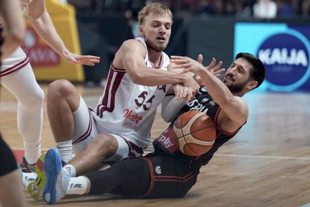 Basketball Latvia-Austria, Riga, Latvia, 06.07.2026, basket, basketball Arturs Zagars of Latvia and Daniel Friedrich of Austria in action during FIBA World Cup 2027 European qualifiers group F game between Latvia™s and Austria™s national basketball teams. Riga, Latvia, 06.07.2026. Photo: Roman Koksarov (RKF) Riga Latvia Copyright: xRomanxKoksarovx baskLAT-AUT20260706rk246.JPG
