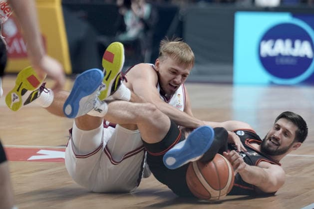 Basketball Latvia-Austria, Riga, Latvia, 06.07.2026, basket, basketball Arturs Zagars of Latvia and Daniel Friedrich of Austria in action during FIBA World Cup 2027 European qualifiers group F game between Latvia™s and Austria™s national basketball teams. Riga, Latvia, 06.07.2026. Photo: Roman Koksarov (RKF) Riga Latvia Copyright: xRomanxKoksarovx baskLAT-AUT20260706rk253.JPG