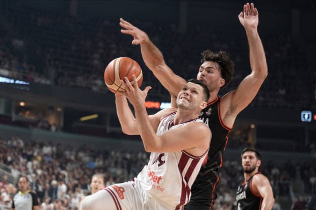 Basketball Latvia-Austria, Riga, Latvia, 06.07.2026, basket, basketball Rihards Lomazs of Latvia and Nordin Kapic of Austria in action during FIBA World Cup 2027 European qualifiers group F game between Latvia™s and Austria™s national basketball teams. Riga, Latvia, 06.07.2026. Photo: Roman Koksarov (RKF) Riga Latvia Copyright: xRomanxKoksarovx baskLAT-AUT20260706rk406.JPG