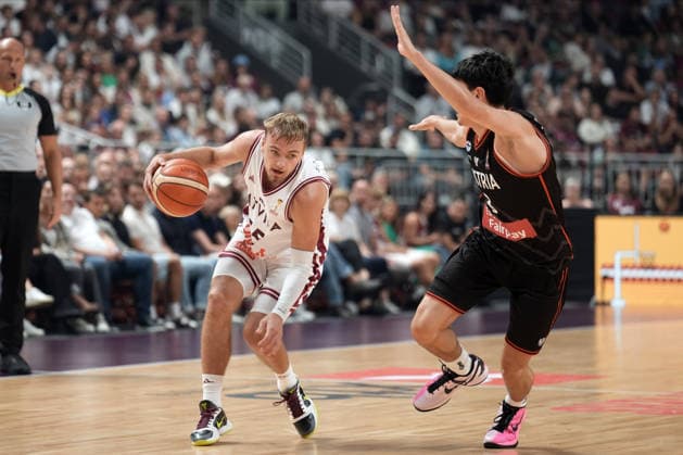 Basketball Latvia-Austria, Riga, Latvia, 06.07.2026, basket, basketball Arturs Zagars of Latvia and Nico Zeleznik of Austria in action during FIBA World Cup 2027 European qualifiers group F game between Latvia™s and Austria™s national basketball teams. Riga, Latvia, 06.07.2026. Photo: Roman Koksarov (RKF) Riga Latvia Copyright: xRomanxKoksarovx baskLAT-AUT20260706rk602.JPG