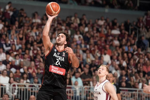 Basketball Latvia-Austria, Riga, Latvia, 06.07.2026, basket, basketball Nordin Kapic of Austria and Toms Skuja of Latvia in action during FIBA World Cup 2027 European qualifiers group F game between Latvia™s and Austria™s national basketball teams. Riga, Latvia, 06.07.2026. Photo: Roman Koksarov (RKF) Riga Latvia Copyright: xRomanxKoksarovx baskLAT-AUT20260706rk355.JPG