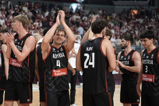 Basketball Latvia-Austria, Riga, Latvia, 06.07.2026, basket, basketball Team Austria players react during FIBA World Cup 2027 European qualifiers group F game between Latvia™s and Austria™s national basketball teams. Riga, Latvia, 06.07.2026. Photo: Roman Koksarov (RKF) Riga Latvia Copyright: xRomanxKoksarovx baskLAT-AUT20260706rk1590.JPG
