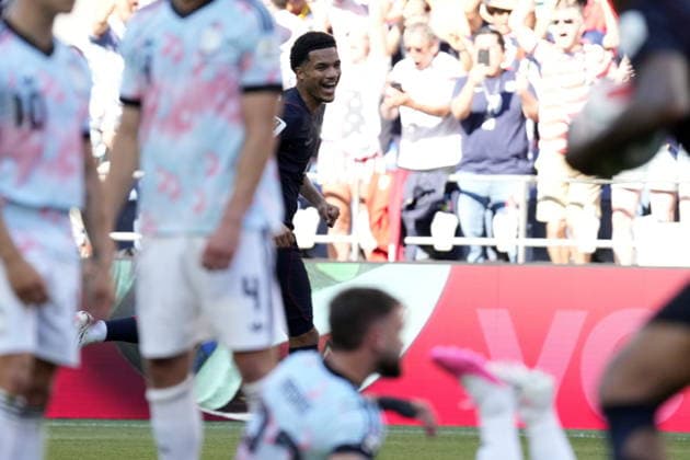 FIFA World Cup, WM, Weltmeisterschaft, Fussball 2026 - Round of 16 - USA vs Belgium Malik Tillman of USA (C) celebrates scoring the 1-1 goal during the FIFA World Cup 2026 Round of 16 match USA against Belgium, in Seattle, Washington, USA, 06 July 2026. SEATTLE United States  Copyright: xSTEPHENxBRASHEARx