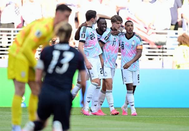 Belgium s Hans Vanaken, Belgium s Dodi Lukebakio, Belgium s Charles De Ketelaere and Belgium s Youri Tielemans celebrate after scoring during a soccer game between the USA and Belgian national team, Nationalteam Red Devils, on Monday 06 July 2026, at the Seattle Field, in Seattle, a 1 8 finals game in the FIFA World Cup, WM, Weltmeisterschaft, Fussball 2026. DIRKxWAEM  x180553456x