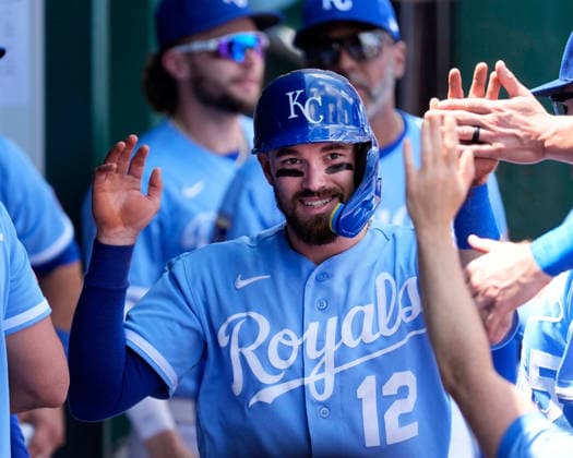 July 06, 2026: Kansas City Royals left fielder Nick Loftin (12) celebrates scoring in the first inning against the Phillies at Kauffman Stadium Kansas City, Missouri. CSM. MLB, Baseball Herren, USA 2026; Phillies Vs Royals July 6th  - ZUMAc04_ 20260706_zma_c04_032 Copyright: xJonxRobichaudx