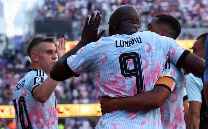 Belgium s Leandro Trossard, Belgium s Romelu Lukaku and Belgium s Youri Tielemans celebrate after winning a soccer game between the USA and Belgian national team, Nationalteam Red Devils, on Monday 06 July 2026, at the Seattle Field, in Seattle, a 1 8 finals game in the FIFA World Cup, WM, Weltmeisterschaft, Fussball 2026. BRUNOxFAHY  x180555299x