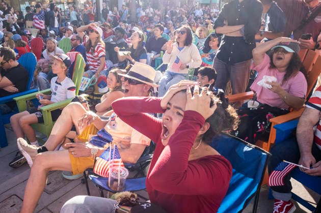 July 6, 2026, Los Angeles, California, USA: Soccer fans react while watching a live broadcast of the FIFA World Cup, WM, Weltmeisterschaft, Fussball Round of 16 soccer match between United States and Belgium at a watch party in Santa Monica, California, on Monday, July 6, 2026. World Cup Soccer Reaction: United States Vs Belgium  - ZUMAc68_ 20260706_zaf_c68_005 Copyright: xRingoxChiux