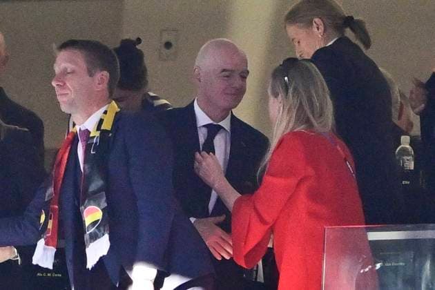 USA vs Belgium - FIFA World Cup, WM, Weltmeisterschaft, Fussball 2026 SEATTLE, UNITED STATES OF AMERICA - JULY 06 : Pascale Van Damme and Gianni Infantino pictured during the FIFA World Cup 2026 round of 16 match between the United States of America and Belgium at the Lumen Field stadium on July 6, 2026 in Seattle, United States of America, 06 07 2026 Seattle United States of America  Copyright: xJanxDexMeuleneirx
