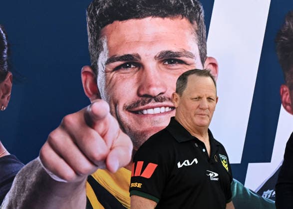 RUGBY LEAGUE WORLD CUP 100 DAYS, Kangaroos coach Kevin Walters is seen beside a photo of Nathan Cleary during the 100 Days To Go to the Rugby League World Cup 2026 event at Suncorp Stadium in Brisbane, Tuesday, July 7, 2026. ( NO ARCHIVING Brisbane New South Wales Australia  Copyright: xDarrenxEnglandx 20260707144031519467