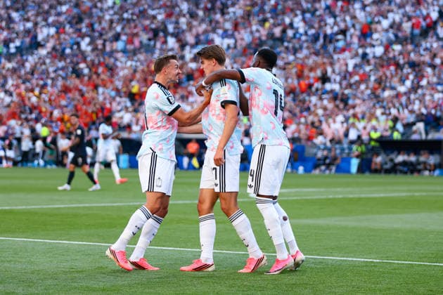 SEATTLE, WA - JULY 06: Forward Charles De Ketelaere 17 of Belgium reacts after scoring a goal during the FIFA World Cup, WM, Weltmeisterschaft, Fussball 2026 Round of 16 match between the USA and Belgium on July 6, 2026 at Seattle Stadium in Seattle, Washington. (Photo by Henry Rodenburg Icon Sportswire) SOCCER: JUL 06 FIFA World Cup 26 Round of 16 - USA vs Belgium EDITORIAL USE ONLY Icon260706019