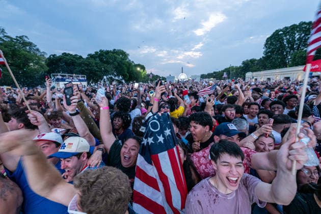 July 6, 2026, Washington, District Of Columbia, United States: Fans celebrate after Team USA scores its lone goal against Belgium during a FIFA World Cup, WM, Weltmeisterschaft, Fussball watch party on the National Mall in Washington, D.C. Team USA Fans Watch Belgium Match On The National Mall  - ZUMAk206 20260706_znp_k206_002 Copyright: xMattxKaminskyx