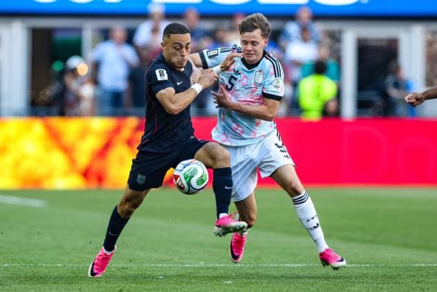 Belgium s Maxim De Cuyper pictured in action during a soccer game between the USA and Belgian national team, Nationalteam Red Devils, on Monday 06 July 2026, at the Seattle Field, in Seattle, a 1 8 finals game in the FIFA World Cup, WM, Weltmeisterschaft, Fussball 2026. BRUNOxFAHY  x180557426x