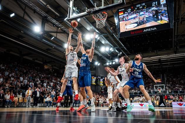 Basketball Bamberg 06.07.2026.2026 FIBA World Cup Qualifier Qualifikation zur Weltmeisterschaft 2027 Deutschland (GER) - Zypern (CYP) Christian Sengfelder (Deutschland, No.43) Kyprianos Maragkos (Zypern, No.14) *** Basketball Bamberg July 6, 2026 2026 FIBA World Cup Qualifier Qualification for the 2027 World Cup Germany GER Cyprus CYP Christian Sengfelder Germany, No. 43 Kyprianos Maragkos Cyprus, No. 14