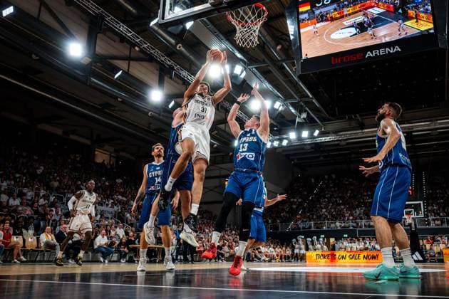 Basketball Bamberg 06.07.2026.2026 FIBA World Cup Qualifier Qualifikation zur Weltmeisterschaft 2027 Deutschland (GER) - Zypern (CYP) Sananda Fru (Deutschland, No.31) Filippos Tigkas (Zypern, No.13) *** Basketball Bamberg July 6, 2026 2026 FIBA World Cup Qualifier Qualification for the 2027 World Cup Germany GER Cyprus CYP Sananda Fru Germany, No. 31 Filippos Tigkas Cyprus, No. 13