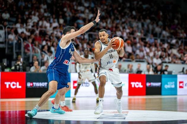 Basketball Bamberg 06.07.2026.2026 FIBA World Cup Qualifier Qualifikation zur Weltmeisterschaft 2027 Deutschland (GER) - Zypern (CYP) Nelson Weidemann (Deutschland, No.11) Ioannis Pashialis (Zypern, No.04) *** Basketball Bamberg July 6, 2026 2026 FIBA World Cup Qualifier Qualification for the 2027 World Cup Germany GER Cyprus CYP Nelson Weidemann Germany, No. 11 Ioannis Pashialis Cyprus, No. 04
