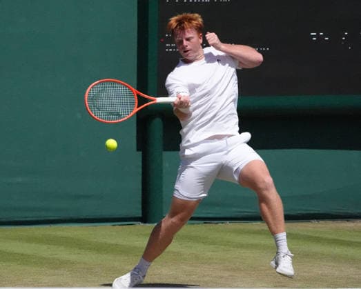 Tennis - 2026 Wimbledon Championships - Day Eight (Week Two) - All England Lawn Tennis & Croquet Club, London - Tuesday 7th July 2026 Centre Court : Boys singles : Mark Ceban (GBR) v Jamie Mackenzie Jamie Mackenzie (Germany) COLORSPORT ANDREW COWIE 