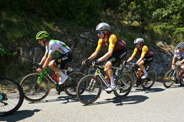 Spanish Joel Nicolau of Caja Rural-Seguros RGA and Luxembourgish Alex Kirsch of Cofidis pictured in action during stage 4 of the 2026 Tour de France cycling race, a stage of 181,9km from Carcassonne to Foix, on Tuesday 07 July 2026. The 113th edition of the Tour de France starts on Saturday 4 July in Barcelona, Spain, and will finish in Paris, France on the 26th of July. DAVIDxPINTENS  x180630170x