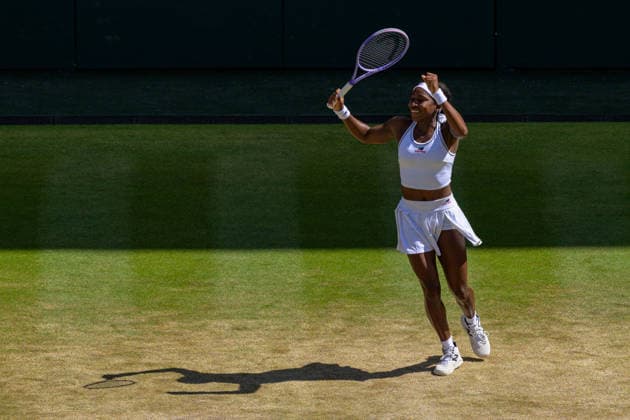 Day Nine: The Championships - Wimbledon 2026 LONDON, ENGLAND JULY 07 - Coco Gauff of United States celebrating winning her Ladies Quarter Finals against Jessica Pegula of United States at The Wimbledon Lawn Tennis Championship at Wimbledon on July 07, 2026 in London, England. (Photo by Keeran Marquis)  Copyright: xKeeranxMarquis Fotoarena SPPx Sportspressphoto_SPR186751