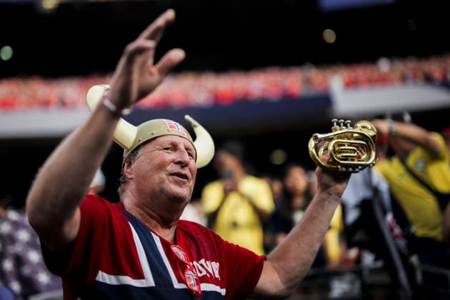 Brazil v Norway - FIFA World Cup, WM, Weltmeisterschaft, Fussball 2026 A fan of Norway dressed as viking celebrate at the end of the FIFA World Cup 2026 round of 16 football match between Brazil and Norway. Norway won 2-1 over Brazil. East Rutherford United States Copyright: xNicolòxCampox