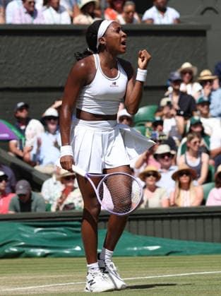 American Coco Gauff reacts in her Quarter-Finals match against American Jessica Pegula on day nine of the 2026 Wimbledon Championships in London on Tuesday, June 07, 2026. Gauff won the match 4-6 6-3 6-3.  LON2026070732 HUGOxPHILPOTT