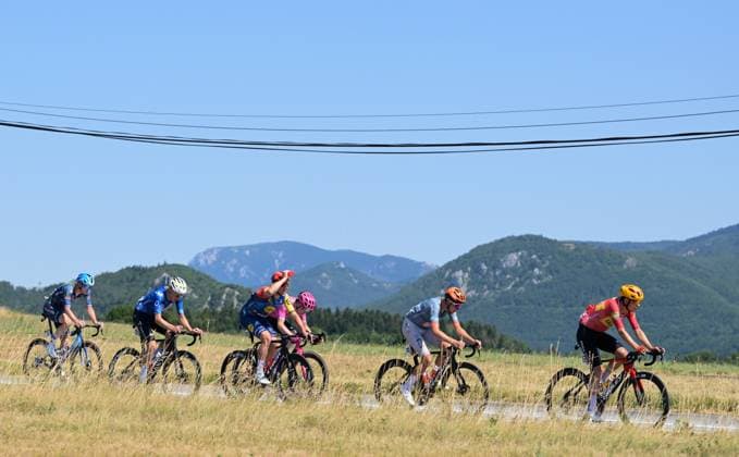 The leading group pictured in action during stage 4 of the 2026 Tour de France cycling race, a stage of 181,9km from Carcassonne to Foix, on Tuesday 07 July 2026. The 113th edition of the Tour de France starts on Saturday 4 July in Barcelona, Spain, and will finish in Paris, France on the 26th of July. DAVIDxPINTENS  x180638464x