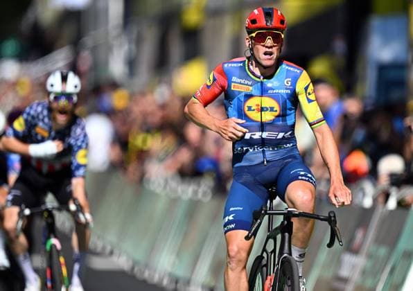 Danish Mads Pedersen of Lidl-Trek and pictured as he crosses the finish line of stage 4 of the 2026 Tour de France cycling race, a stage of 181,9km from Carcassonne to Foix, on Tuesday 07 July 2026. The 113th edition of the Tour de France starts on Saturday 4 July in Barcelona, Spain, and will finish in Paris, France on the 26th of July. JASPERxJACOBS  x180641483x