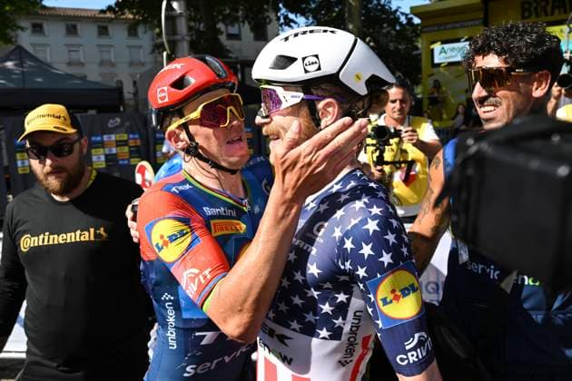 Tour de France 2026 Stage 4 FOIX, FRANCE - JULY 07 : Pedersen Mads (DEN) of Lidl - Trek celebrates the victory with Simmons Quinn (USA) of Lidl - Trek during stage 4 of the 113rd edition of Tour de France an UCI World Tour 2.UWT cycling road race stage for Men Elite of 182 km with start in Carcassonne and finish in Foix on July 7, 2026 in Foix, France, 07 07 2026 Foix France  Copyright: xSzymonxGruchalskix