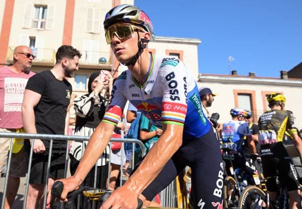 Belgian Remco Evenepoel of Red Bull-BORA-hansgrohe crosses the finish line of stage 4 of the 2026 Tour de France cycling race, a stage of 181,9km from Carcassonne to Foix, on Tuesday 07 July 2026. The 113th edition of the Tour de France starts on Saturday 4 July in Barcelona, Spain, and will finish in Paris, France on the 26th of July. DAVIDxPINTENS  x180644356x