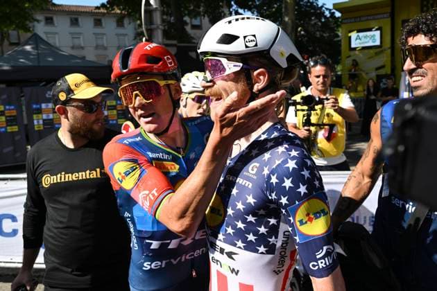 Tour de France 2026 Stage 4 FOIX, FRANCE - JULY 07 : Pedersen Mads (DEN) of Lidl - Trek celebrates the victory with Simmons Quinn (USA) of Lidl - Trek during stage 4 of the 113rd edition of Tour de France an UCI World Tour 2.UWT cycling road race stage for Men Elite of 182 km with start in Carcassonne and finish in Foix on July 7, 2026 in Foix, France, 07 07 2026 Foix France  Copyright: xSzymonxGruchalskix